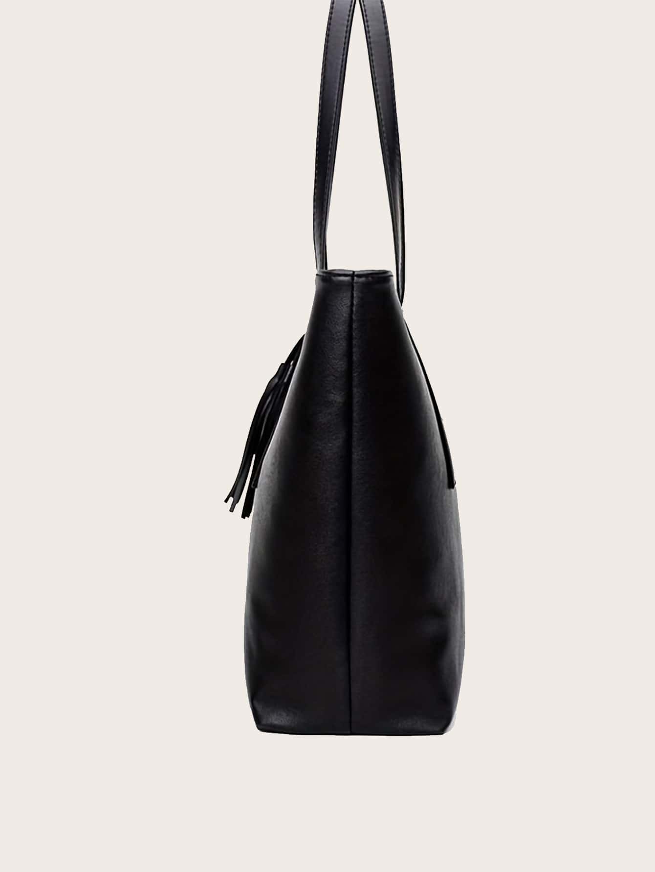 Shein Solid PU Leather Shoulder Tote Bag with Tassel Large