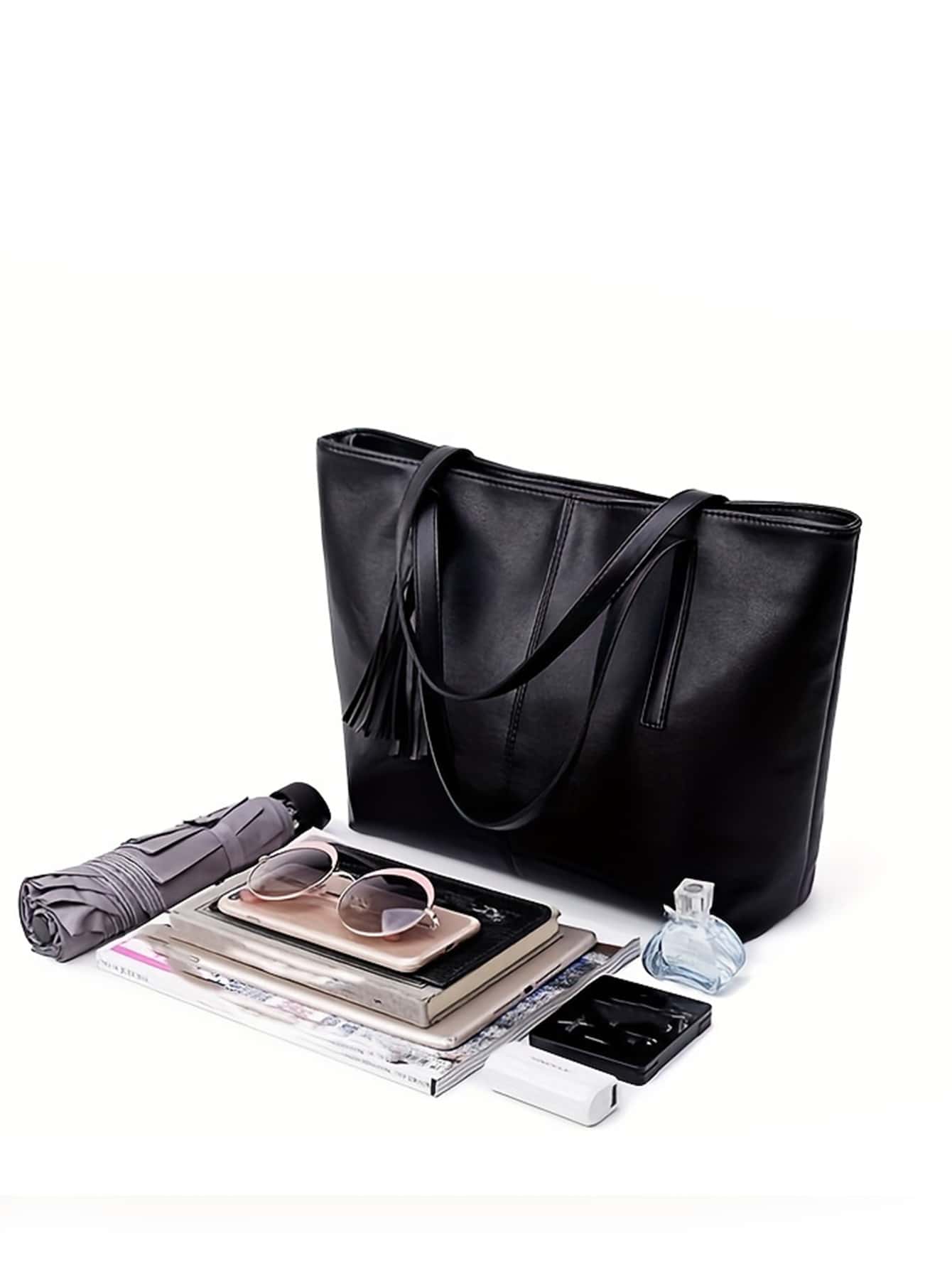 Shein Solid PU Leather Shoulder Tote Bag with Tassel Large