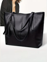 Shein Solid PU Leather Shoulder Tote Bag with Tassel Large
