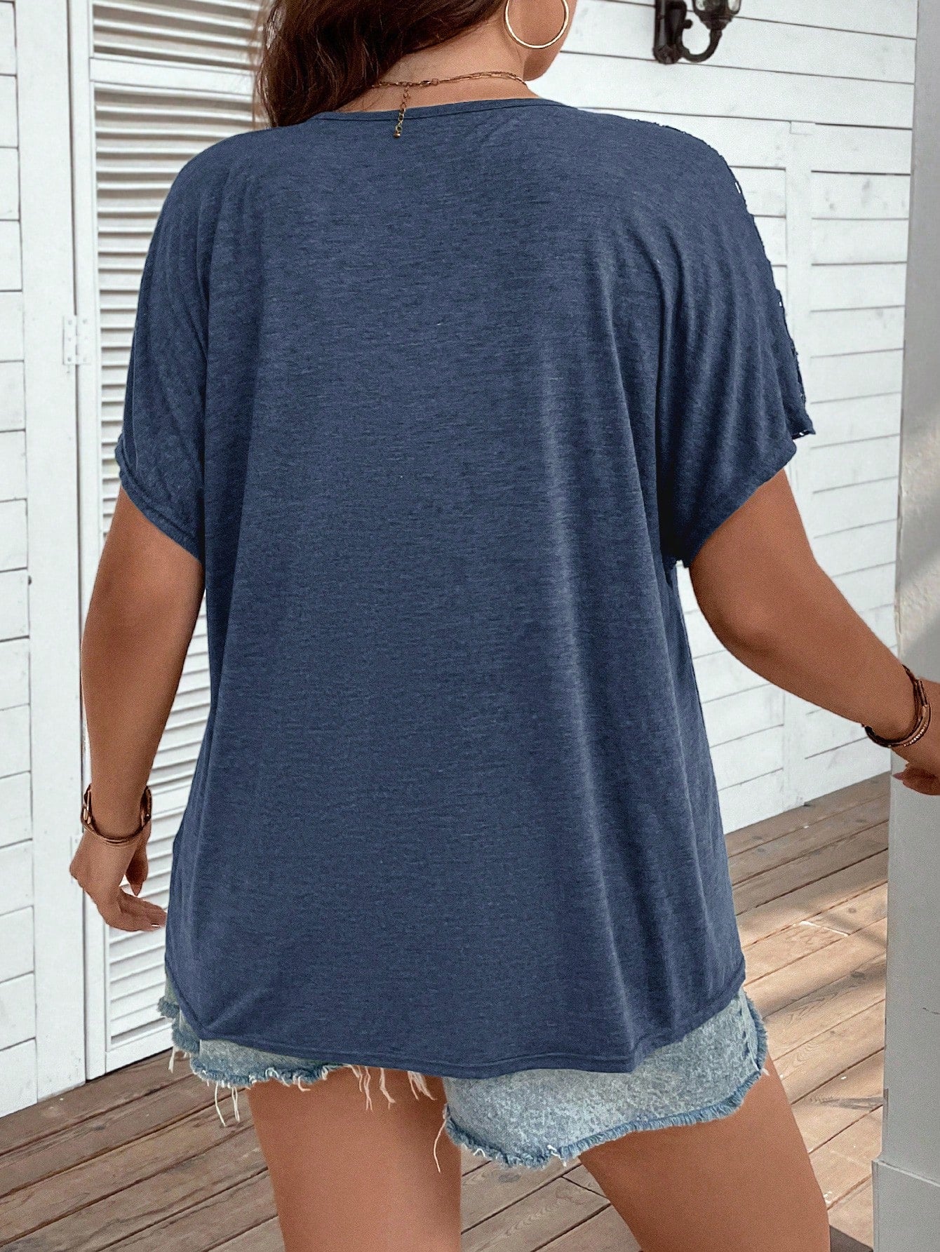 Women's Plus Size Contrast Lace Short Sleeve Casual T-Shirt