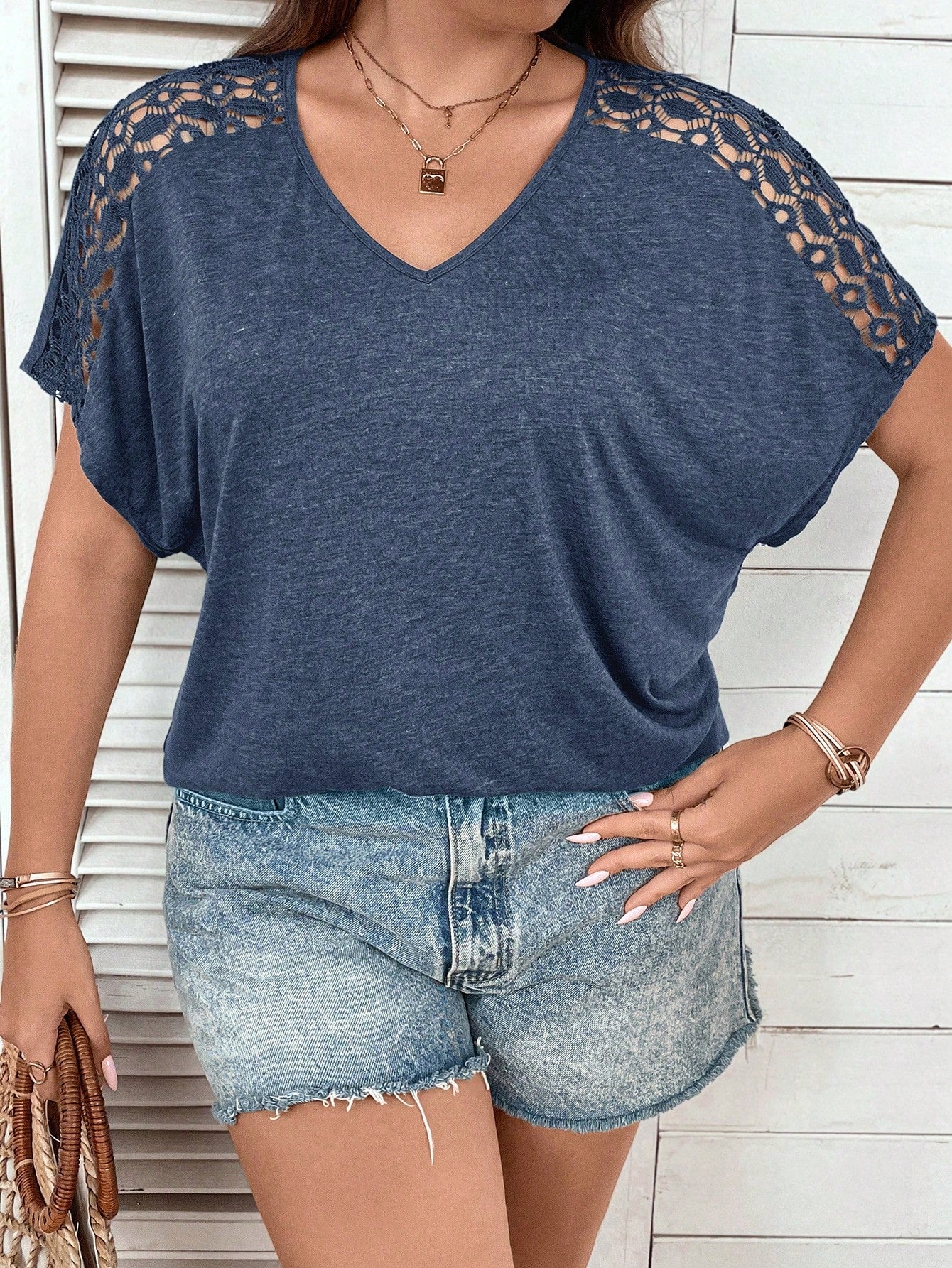 Women's Plus Size Contrast Lace Short Sleeve Casual T-Shirt