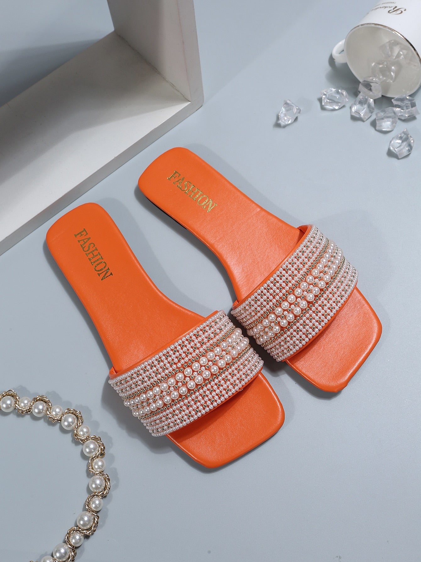 Women's Beaded Square Toe Flat Slide Sandals Water Droplets