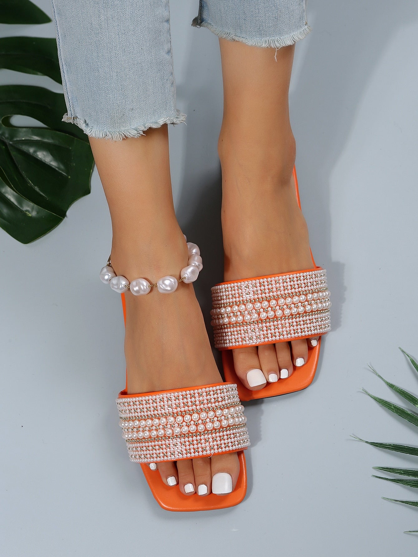 Women's Beaded Square Toe Flat Slide Sandals Water Droplets