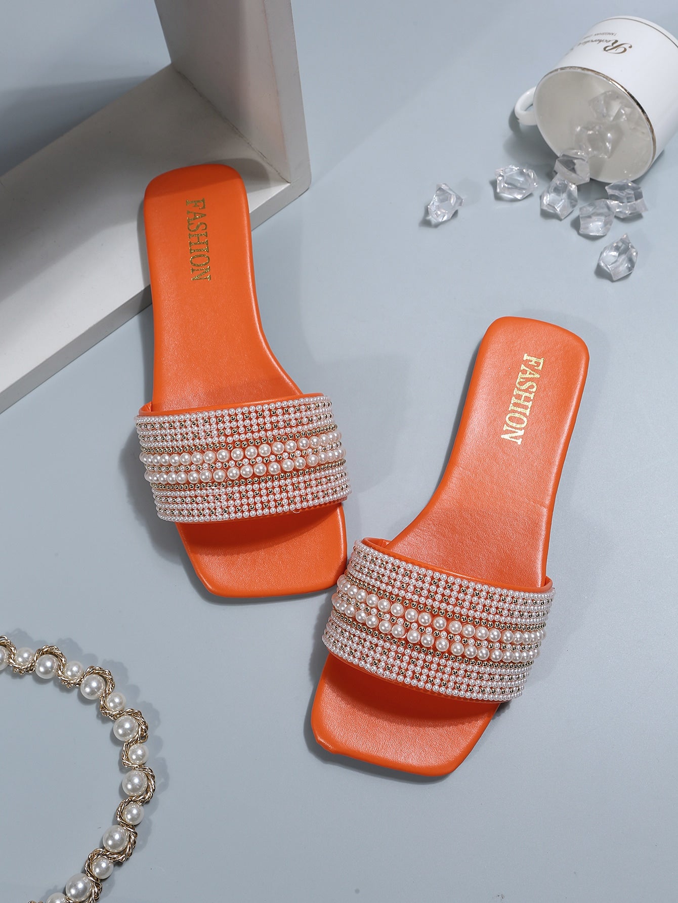 Women's Beaded Square Toe Flat Slide Sandals Water Droplets