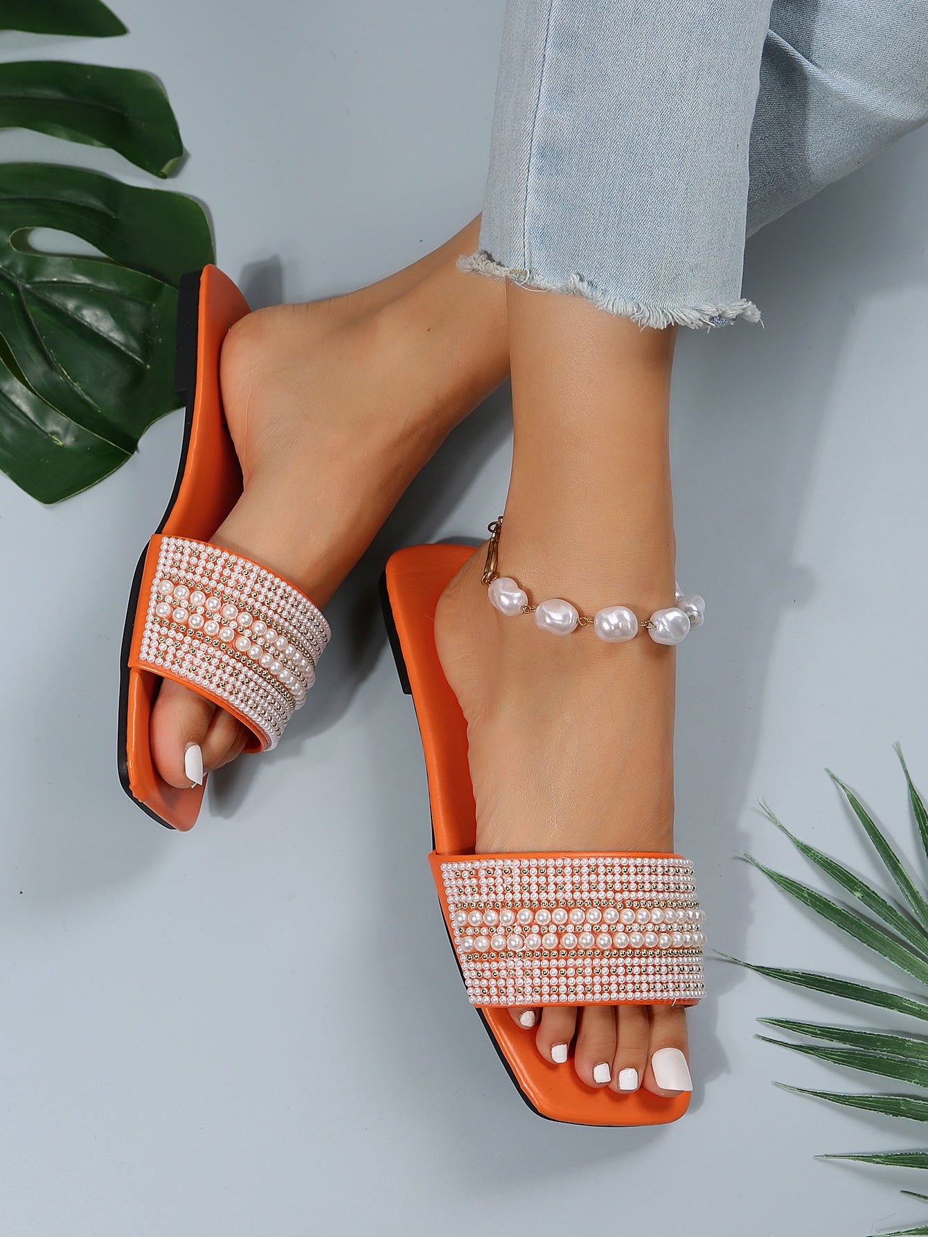 Women's Beaded Square Toe Flat Slide Sandals Water Droplets