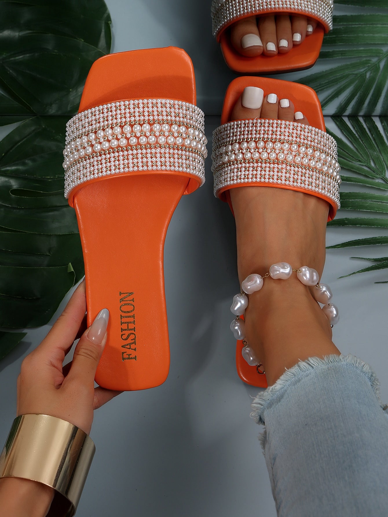 Women's Beaded Square Toe Flat Slide Sandals Water Droplets