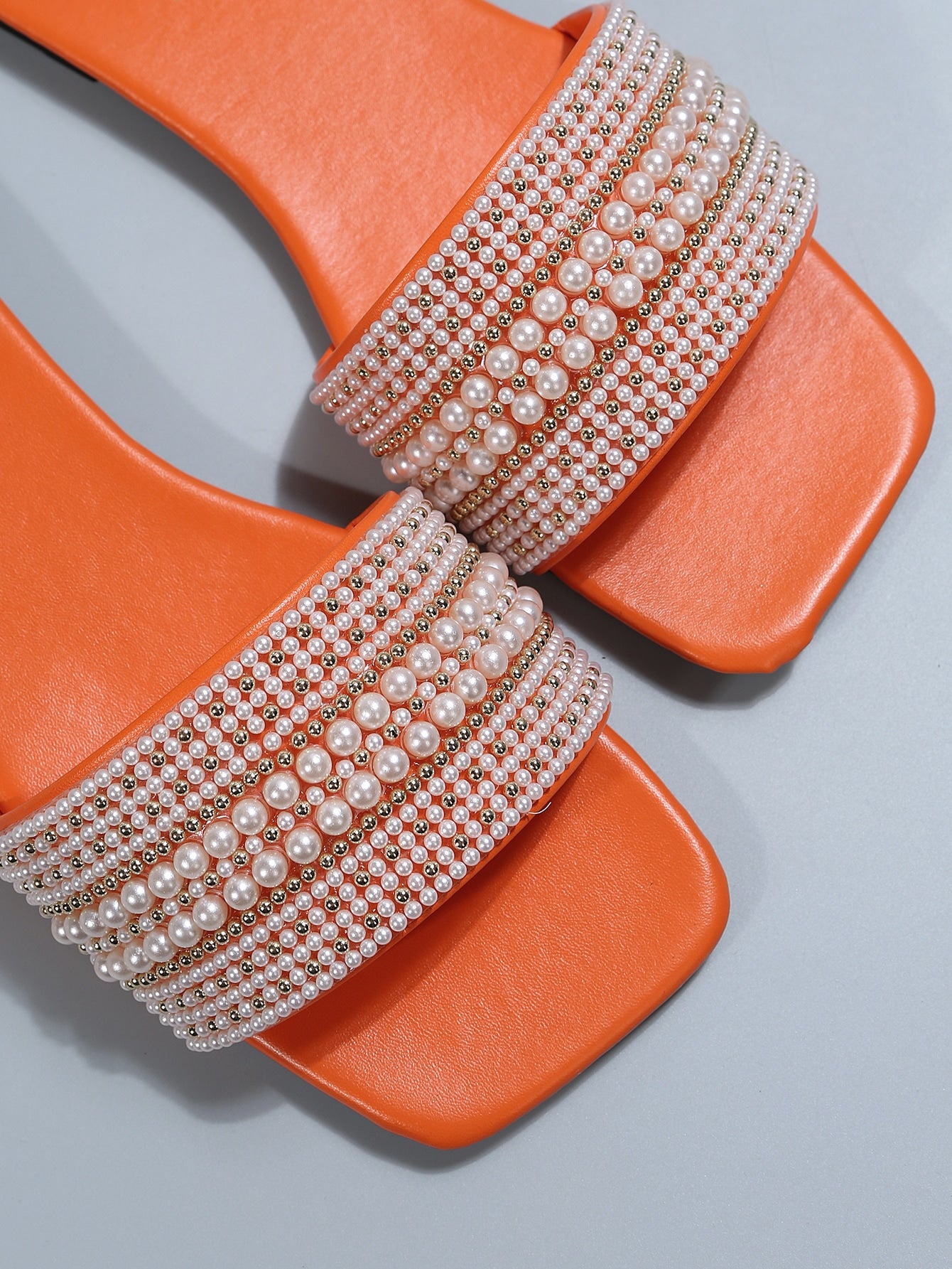 Women's Beaded Square Toe Flat Slide Sandals Water Droplets
