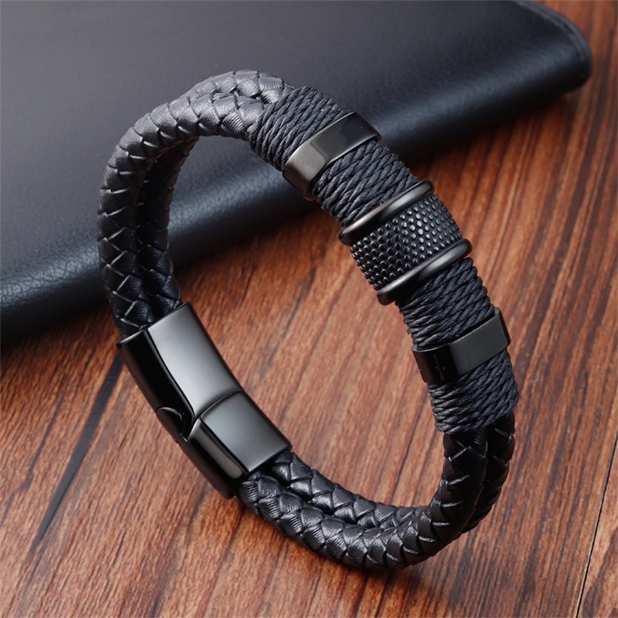 Men's Black Woven PU Leather Bracelet With Magnetic Clasp