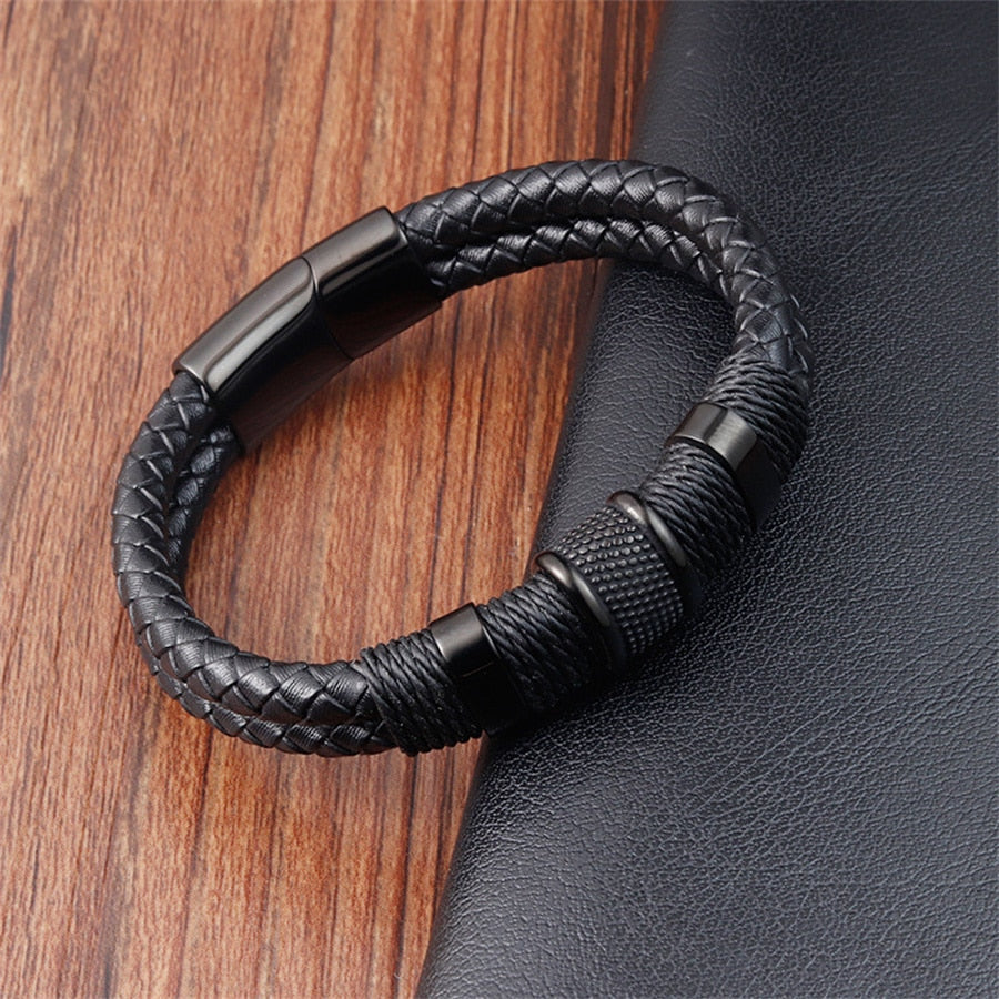 Men's Black Woven PU Leather Bracelet With Magnetic Clasp