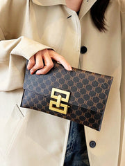 Women's Elegant Printed Square Evening Clutch Bag Coffee Brown