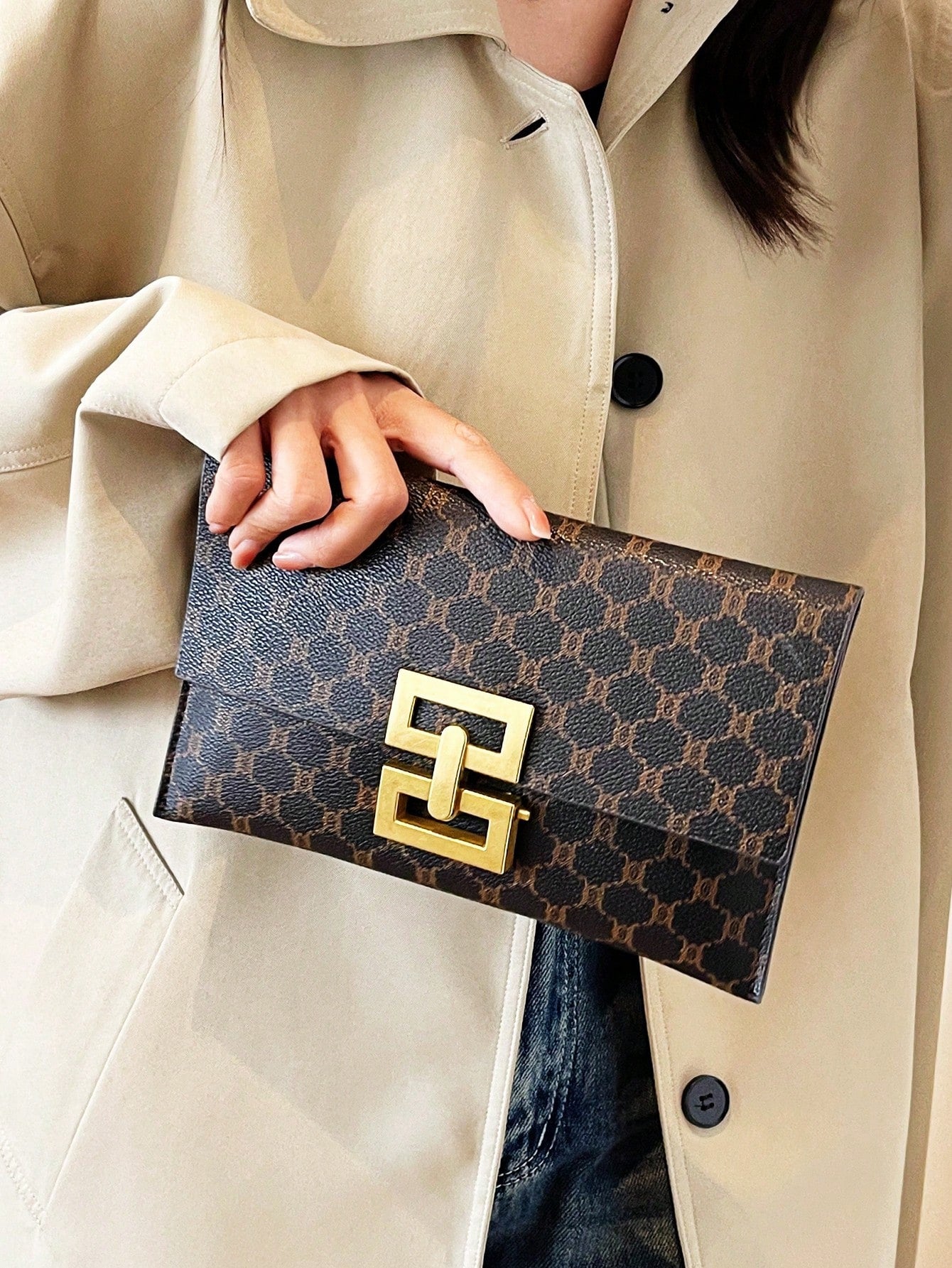 Women's Elegant Printed Square Evening Clutch Bag Coffee Brown