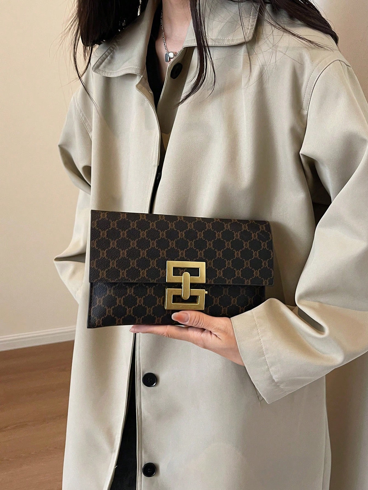 Women's Elegant Printed Square Evening Clutch Bag Coffee Brown