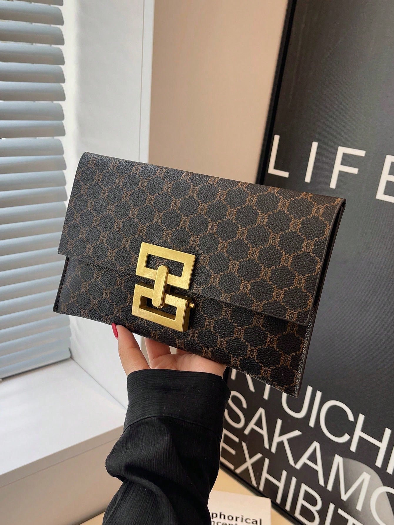 Women's Elegant Printed Square Evening Clutch Bag Coffee Brown