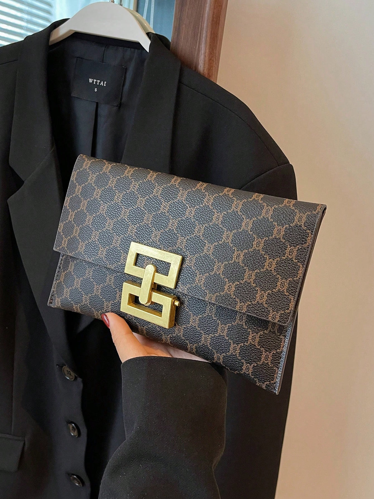 Women's Elegant Printed Square Evening Clutch Bag Coffee Brown