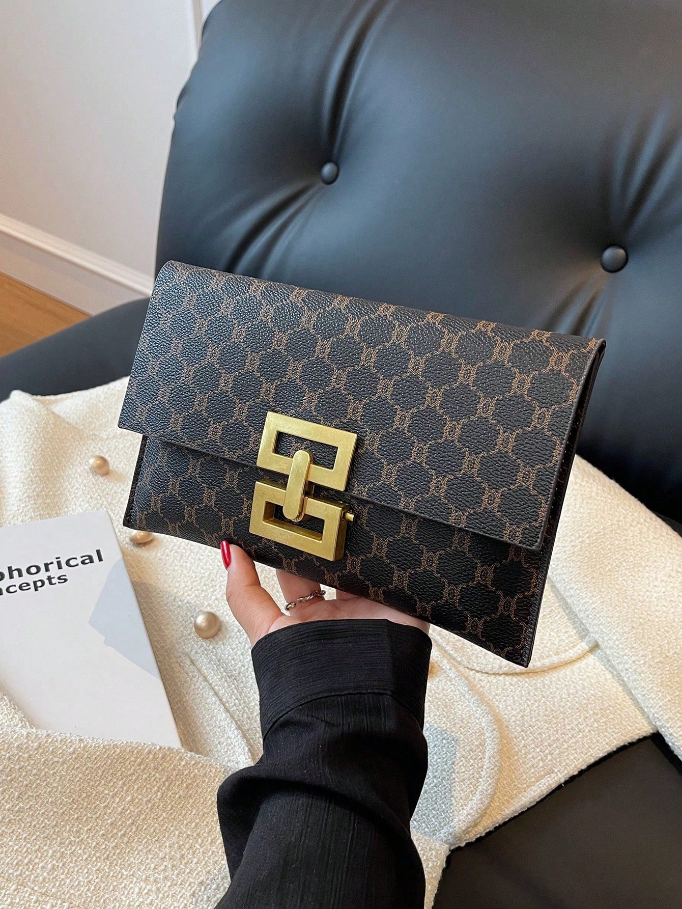 Women's Elegant Printed Square Evening Clutch Bag Coffee Brown