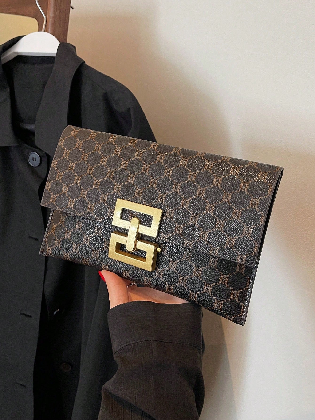 Women's Elegant Printed Square Evening Clutch Bag Coffee Brown