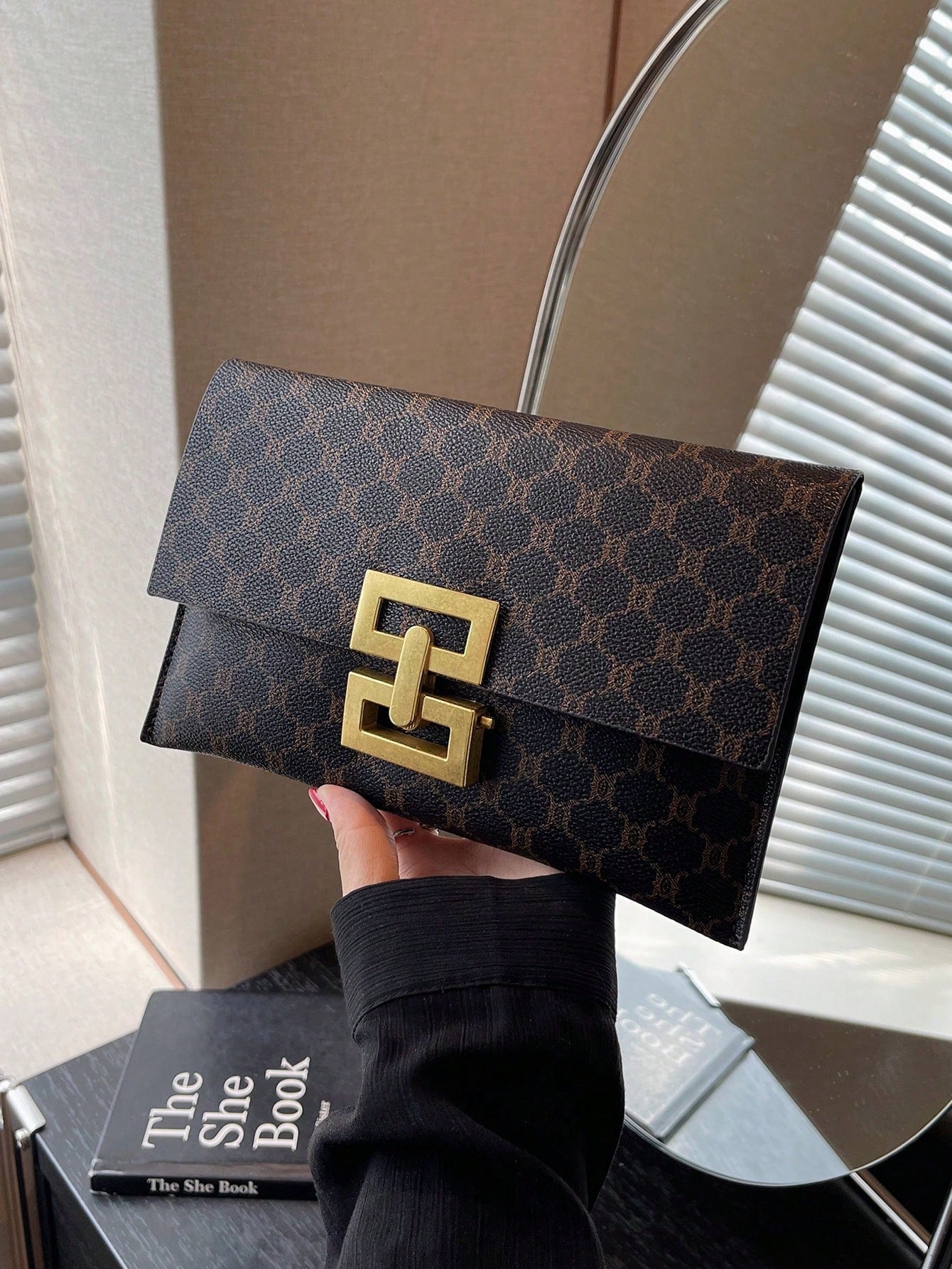 Women's Elegant Printed Square Evening Clutch Bag Coffee Brown