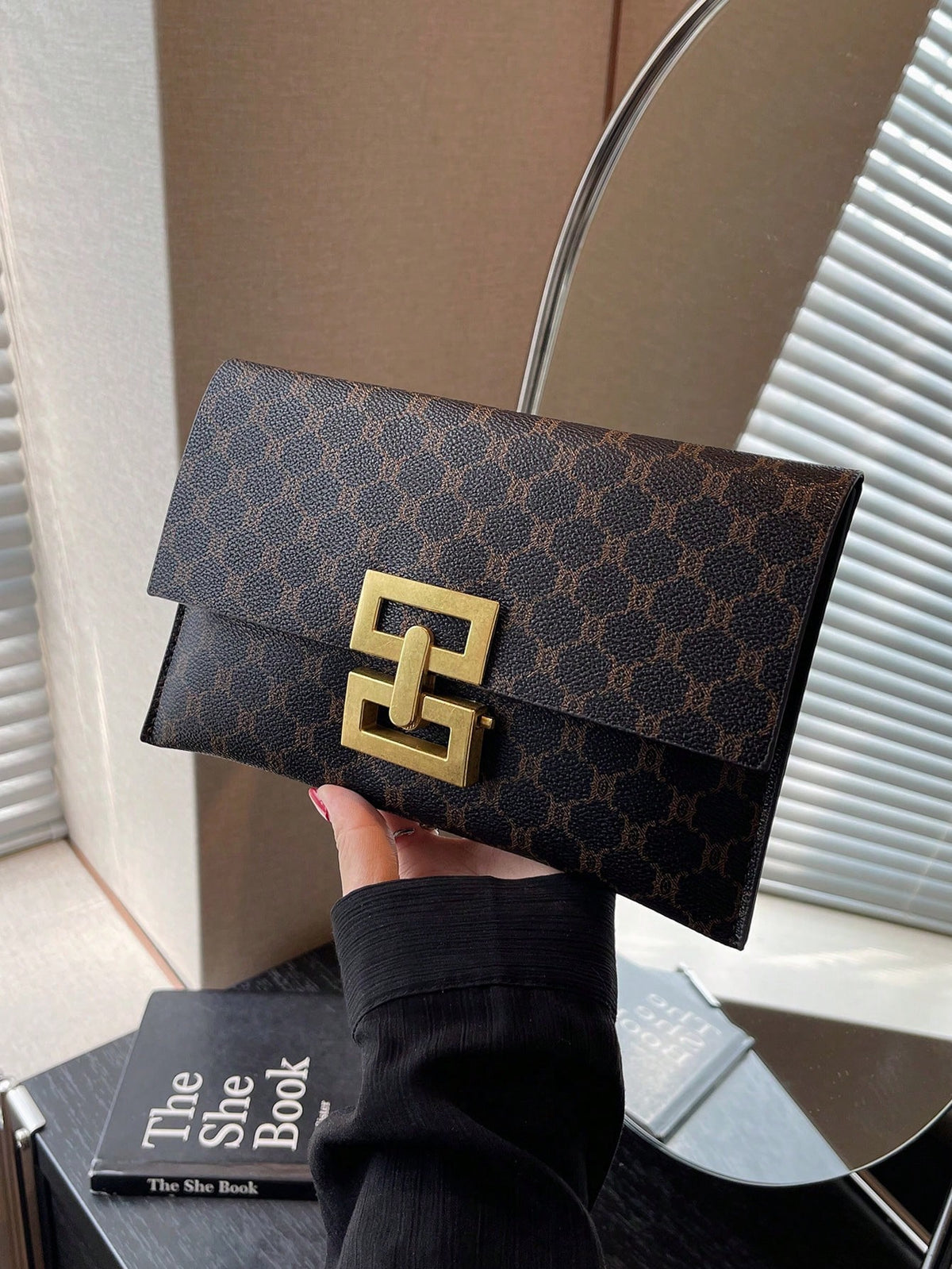 Women's Elegant Printed Square Evening Clutch Bag Coffee Brown