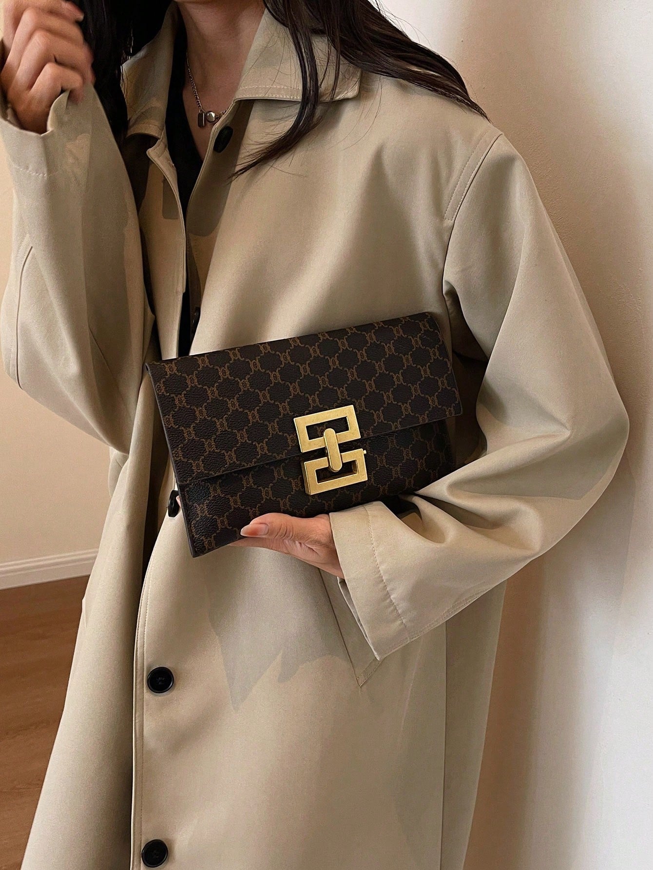 Women's Elegant Printed Square Evening Clutch Bag Coffee Brown