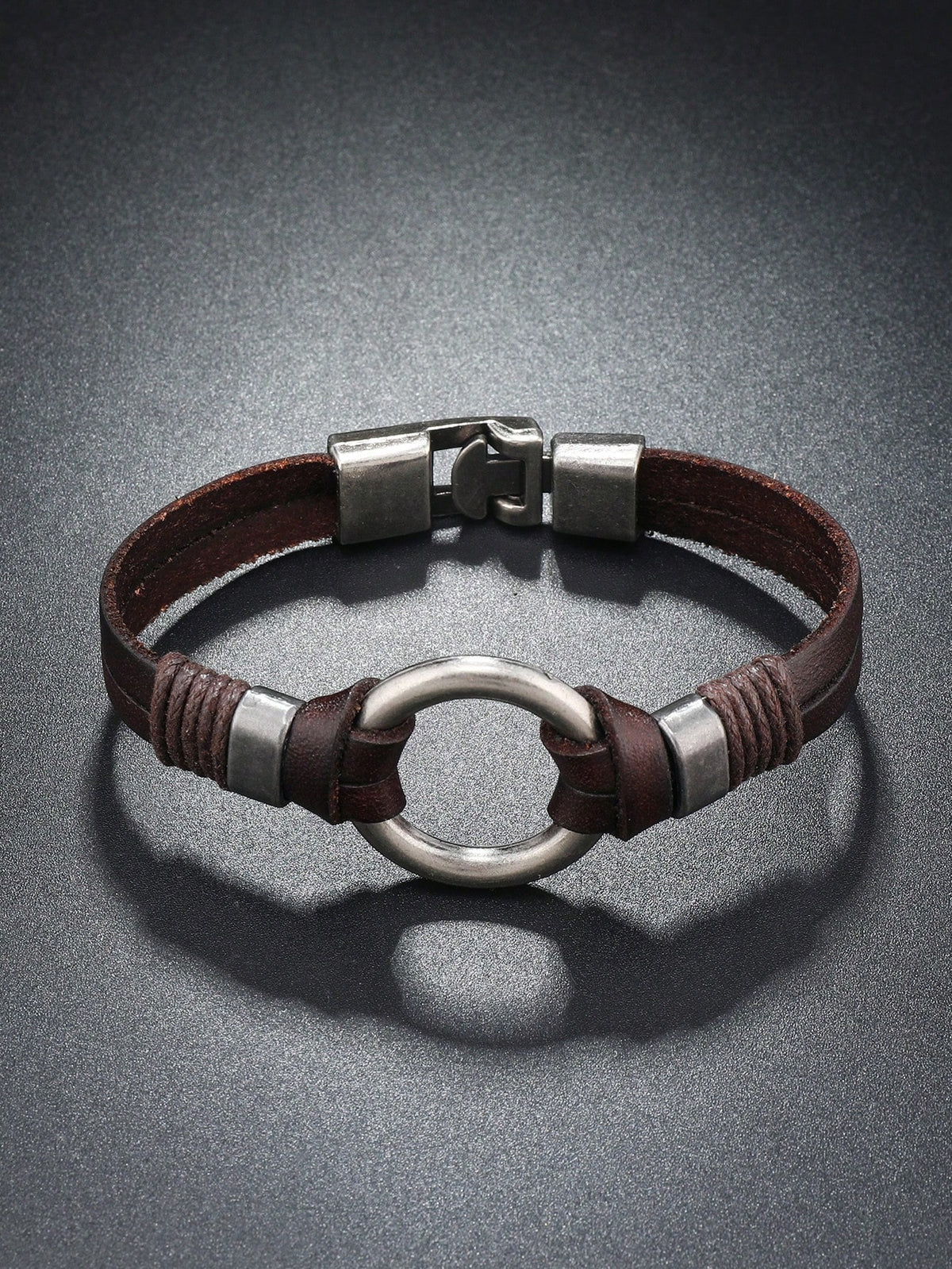 Men's Punk Rock Brown PU Leather Metal Ring Bracelet