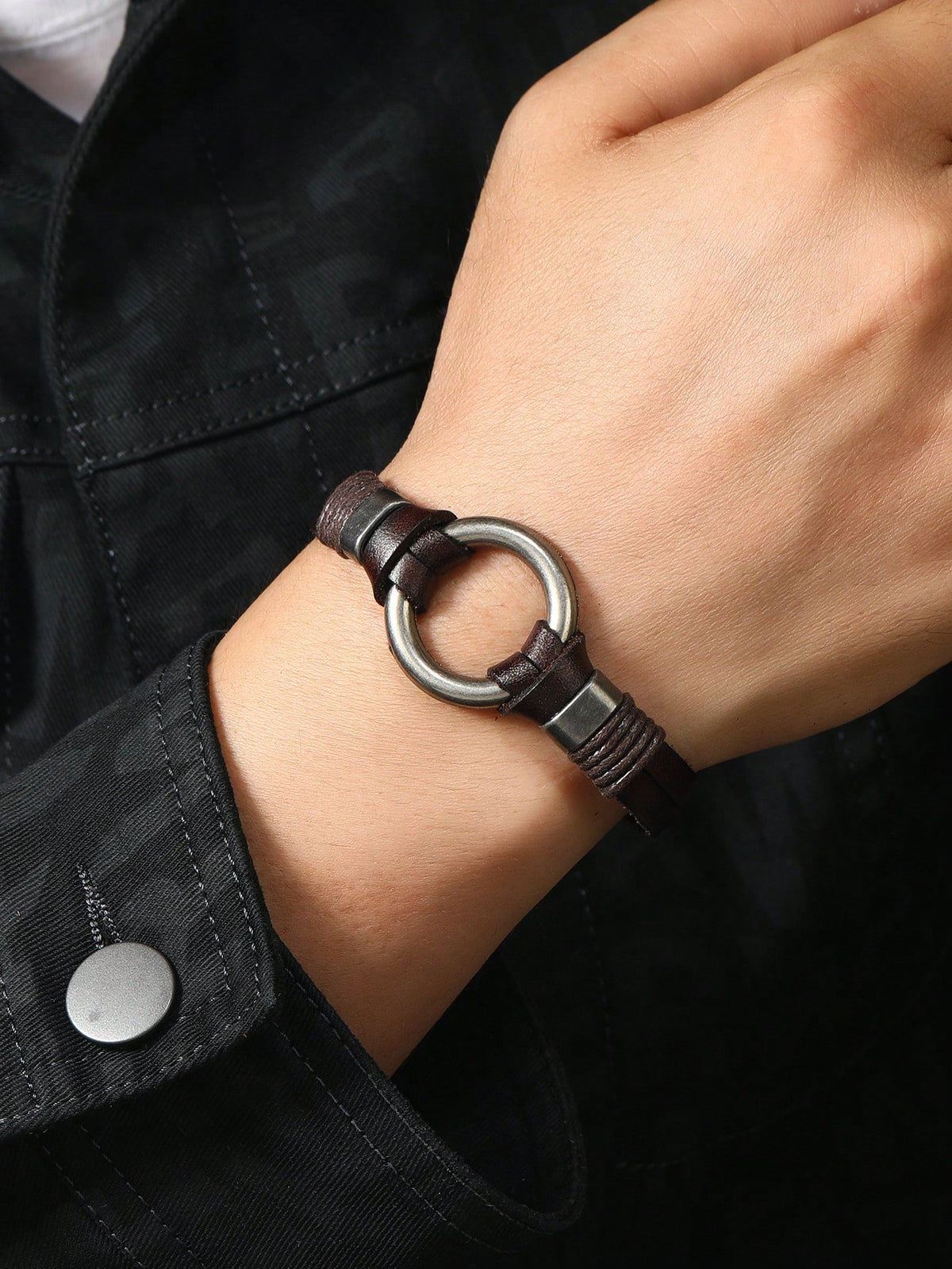 Men's Punk Rock Brown PU Leather Metal Ring Bracelet