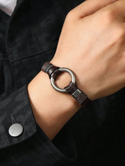 Men's Punk Rock Brown PU Leather Metal Ring Bracelet