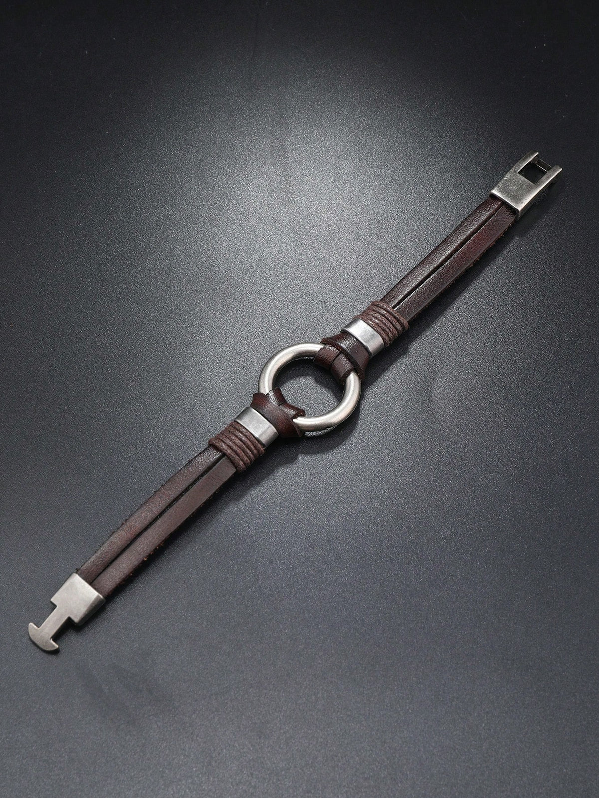 Men's Punk Rock Brown PU Leather Metal Ring Bracelet