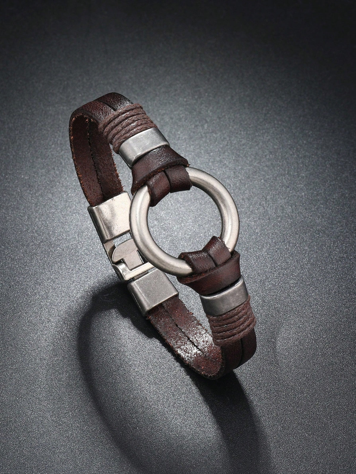 Men's Punk Rock Brown PU Leather Metal Ring Bracelet