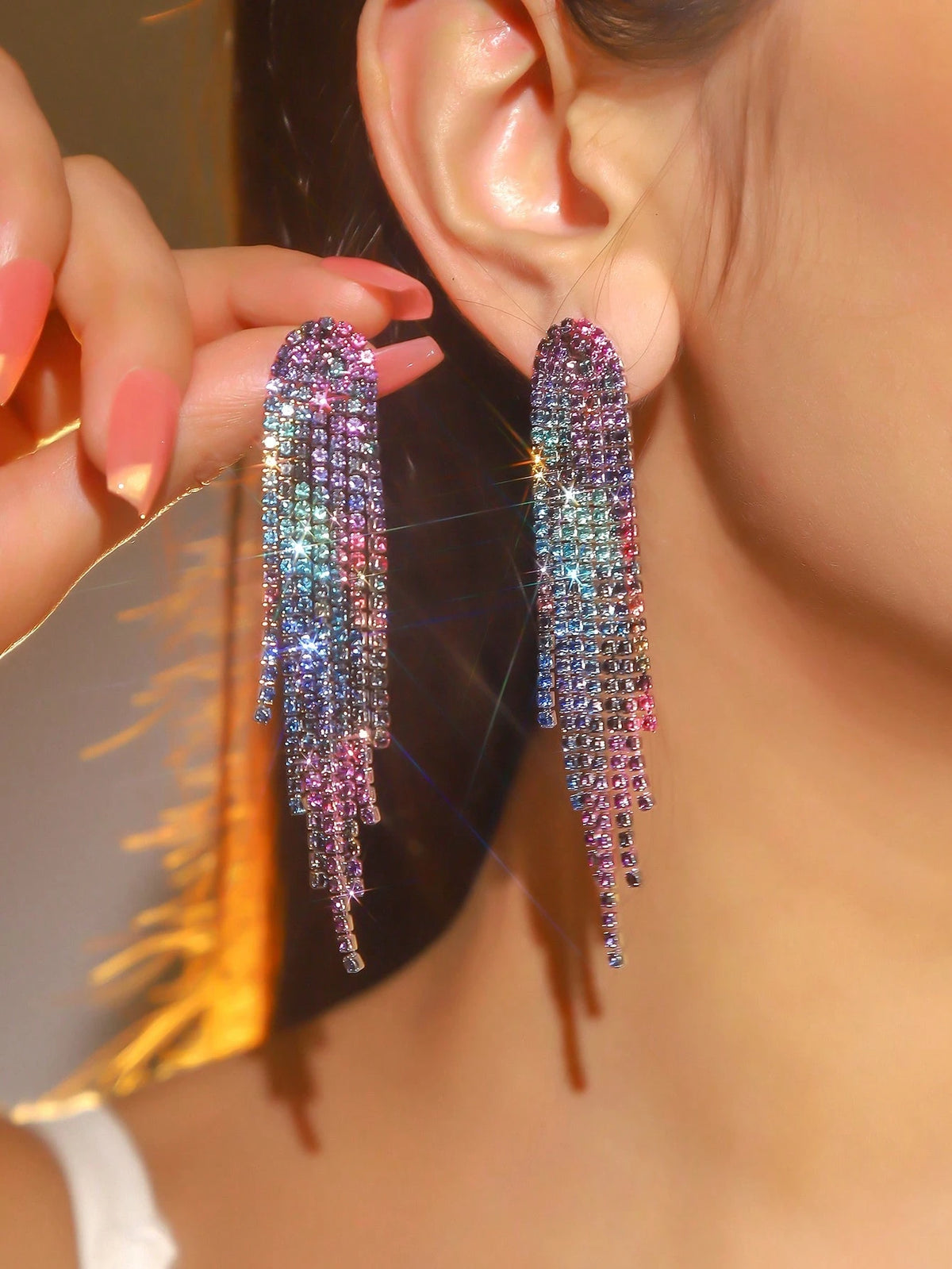 Women's Nightclub Party Tassel Crystal Stud Earring Set