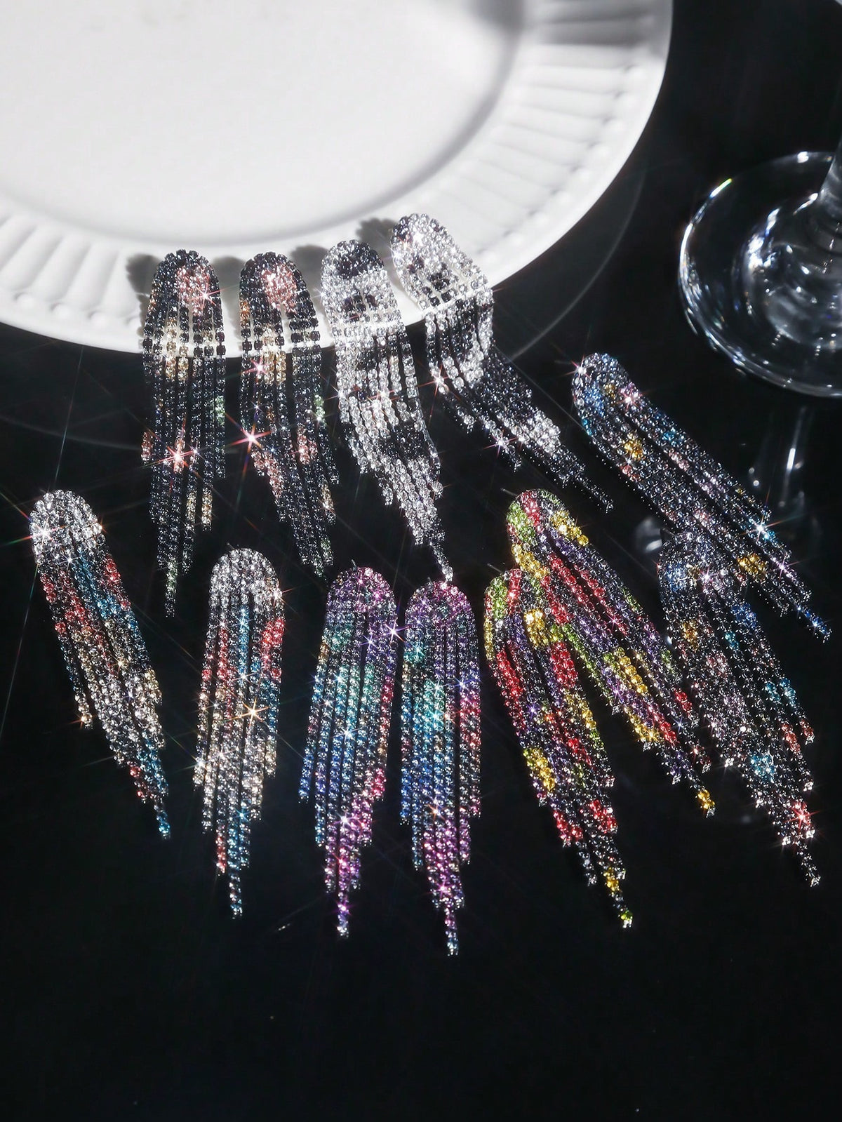 Women's Nightclub Party Tassel Crystal Stud Earring Set