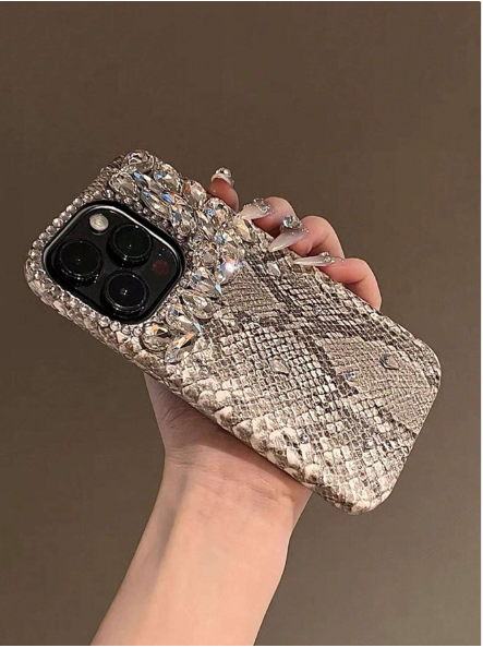 Fashionable Luxury New Snake Skin Texture Pink Handmade Rhinestone Full Coverage>