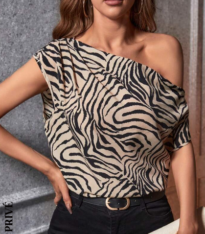 Shein Zebra Striped Asymmetrical Neck Batwing Sleeve Blouse /