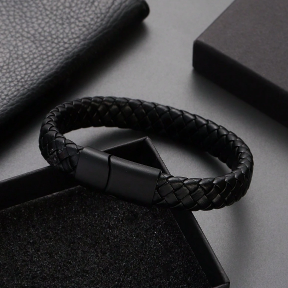 1pc Pure PU Leather Bracelet Punk Leather Wristband Titanium Steel Braided Leather Rope