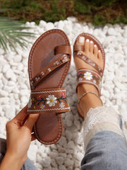 Women's Embroidered Open Toe Flat Slide Sandals Brown
