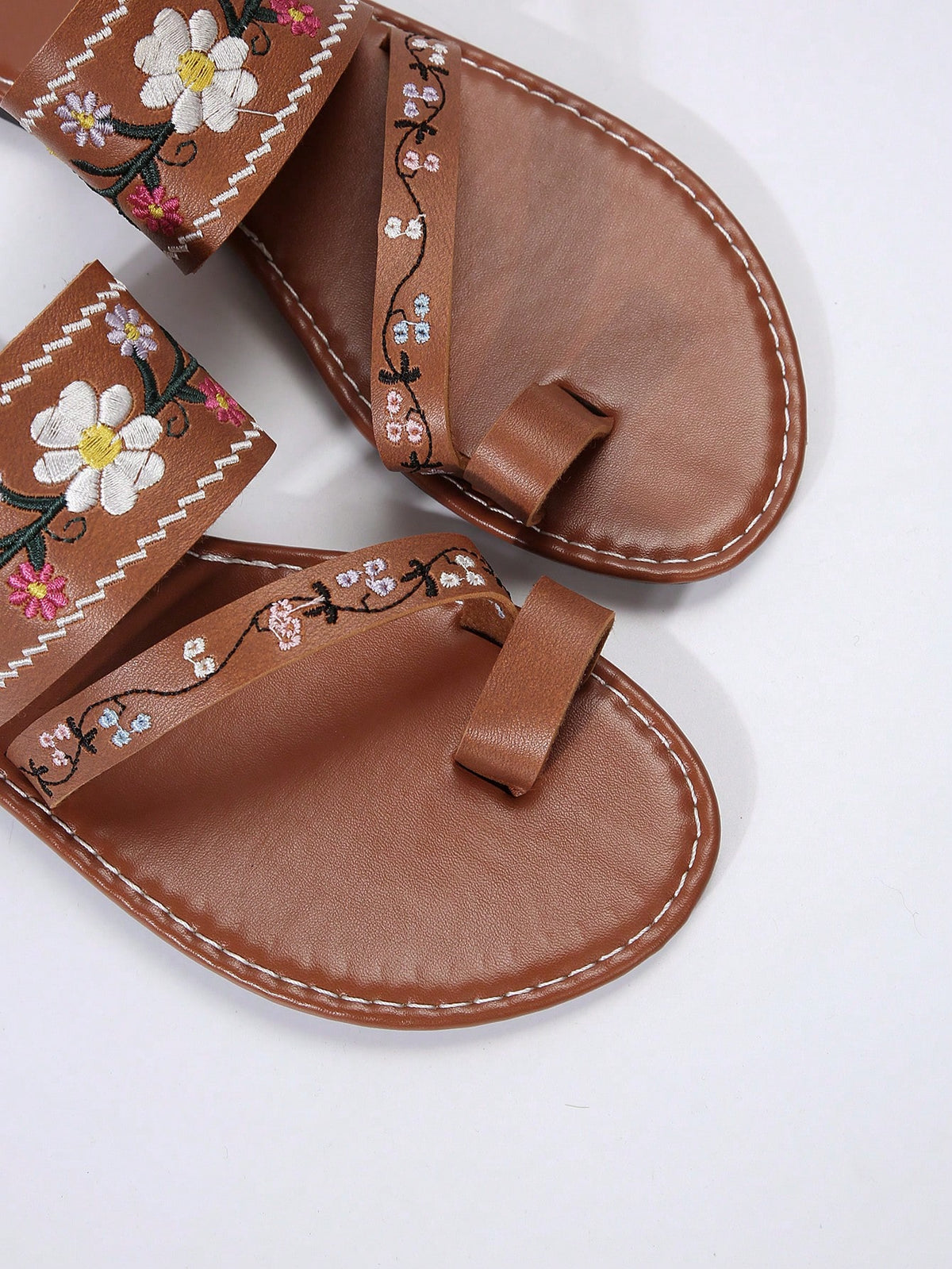 Women's Embroidered Open Toe Flat Slide Sandals Brown