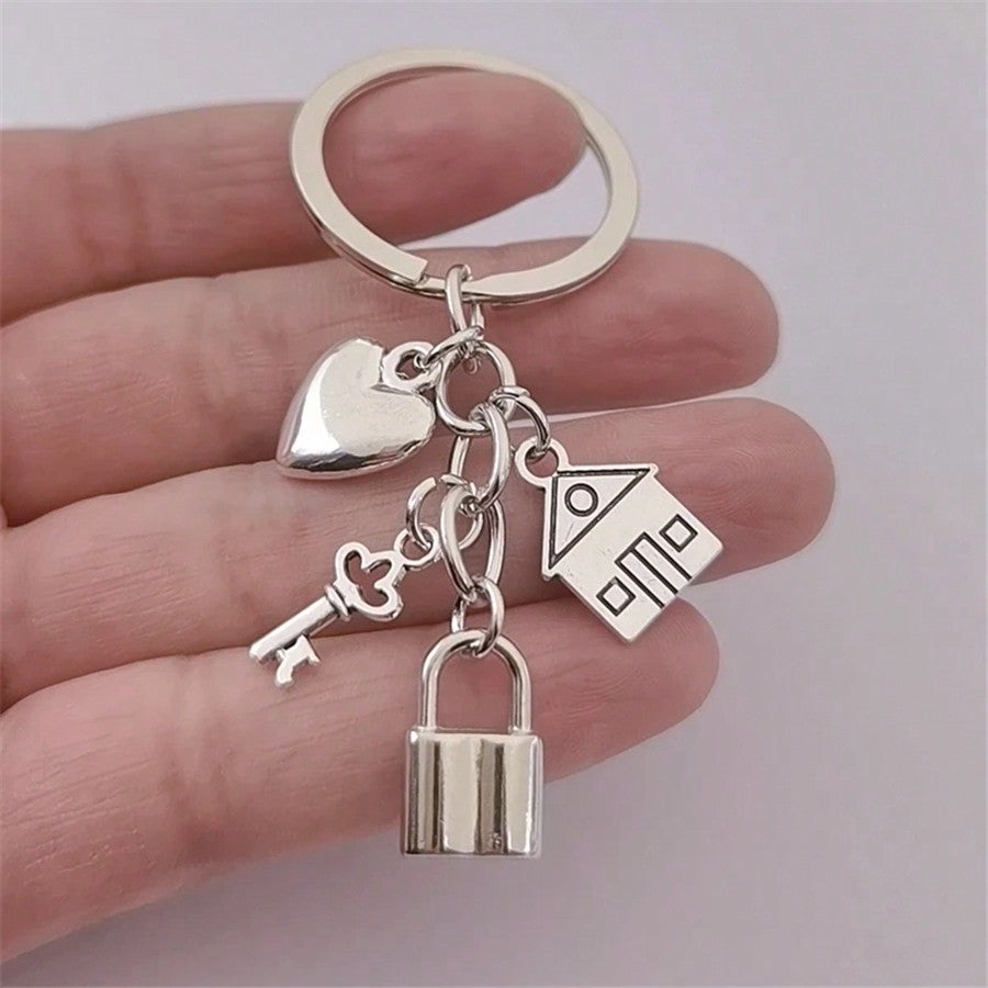Women's Cute Antique Silver Heart Lock House Keychain Bag Charm