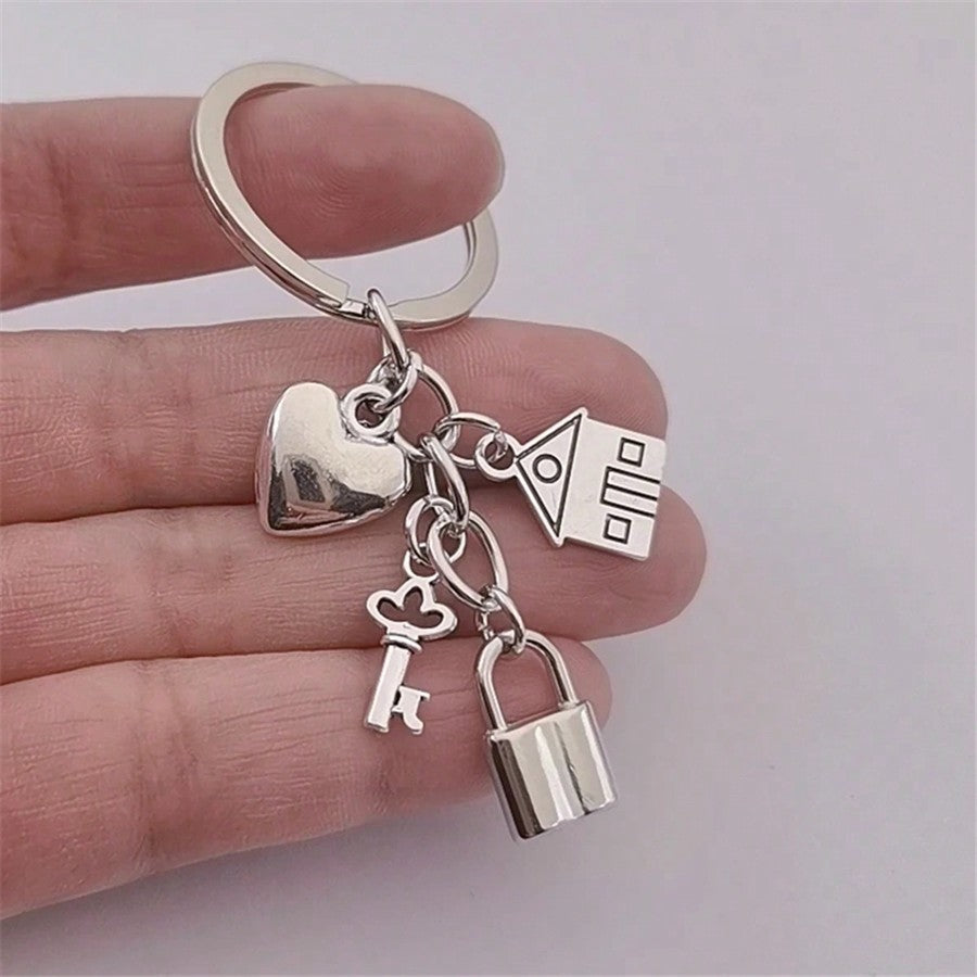 Women's Cute Antique Silver Heart Lock House Keychain Bag Charm