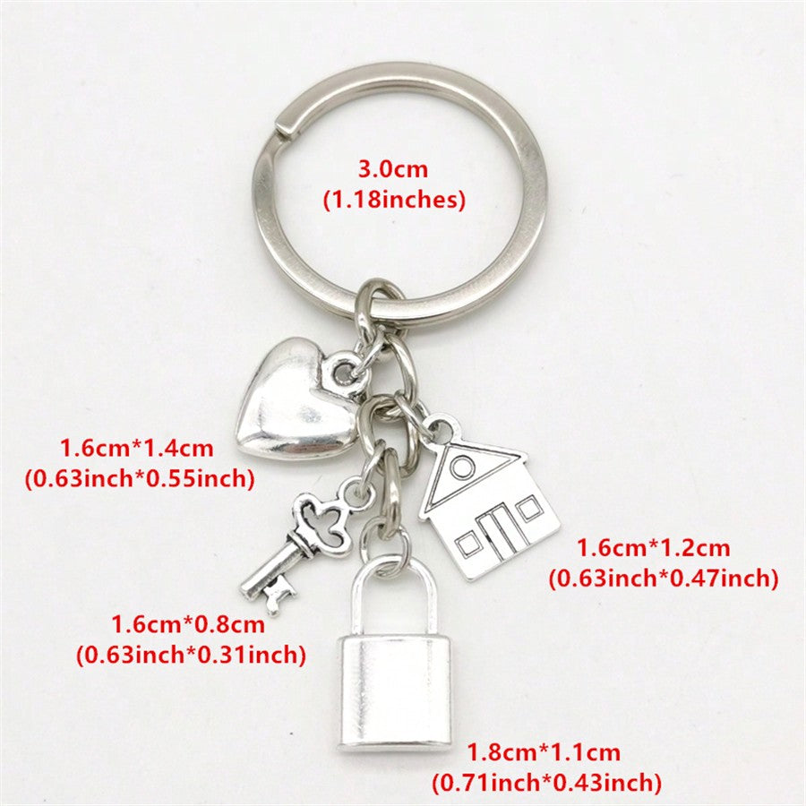 Women's Cute Antique Silver Heart Lock House Keychain Bag Charm