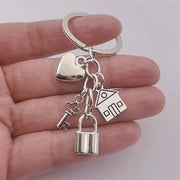 Women's Cute Antique Silver Heart Lock House Keychain Bag Charm
