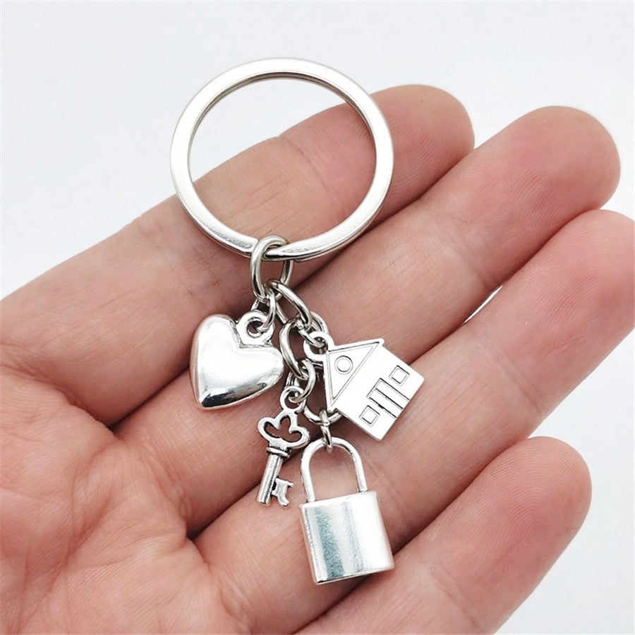 Women's Cute Antique Silver Heart Lock House Keychain Bag Charm
