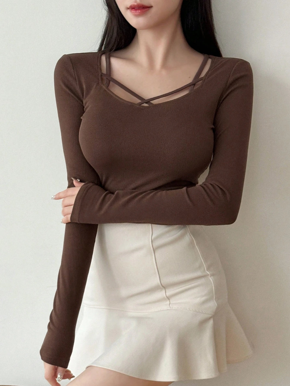 Women's Ribbed Cut Out Long Sleeve Top