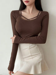 Women's Ribbed Cut Out Long Sleeve Top
