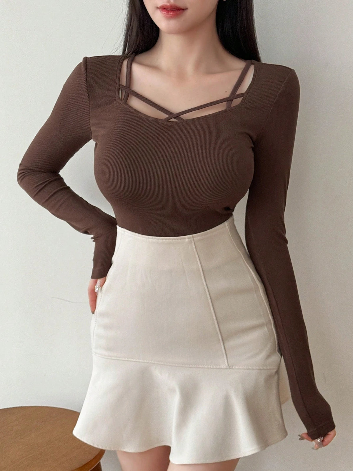 Women's Ribbed Cut Out Long Sleeve Top