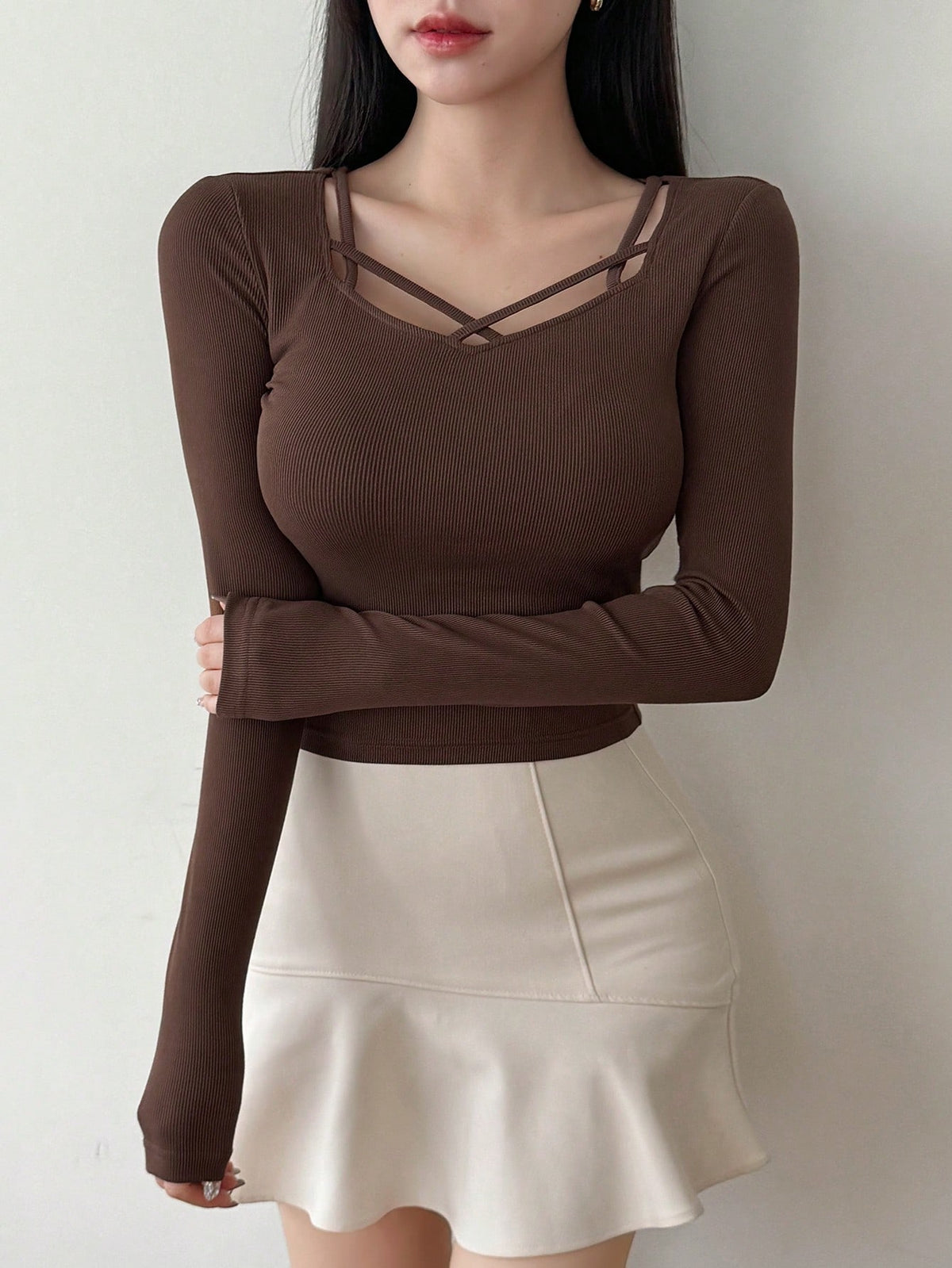 Women's Ribbed Cut Out Long Sleeve Top