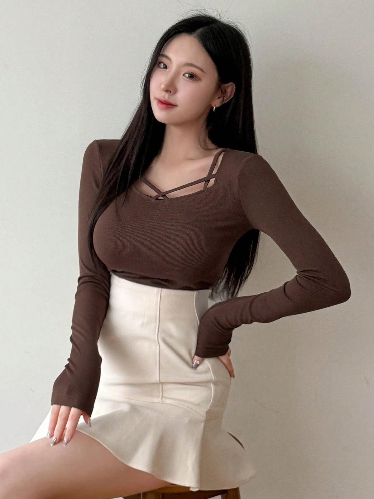 Women's Ribbed Cut Out Long Sleeve Top