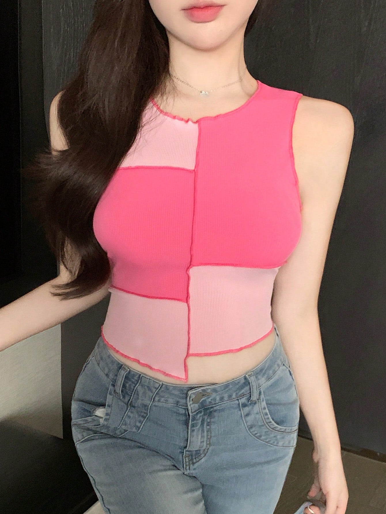 Women's Color Contrast Splice Sleeveless Rib-Knit Tank Top