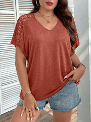 Women's Plus Size Lace Patchwork V-Neck T-Shirt Burnt Orange