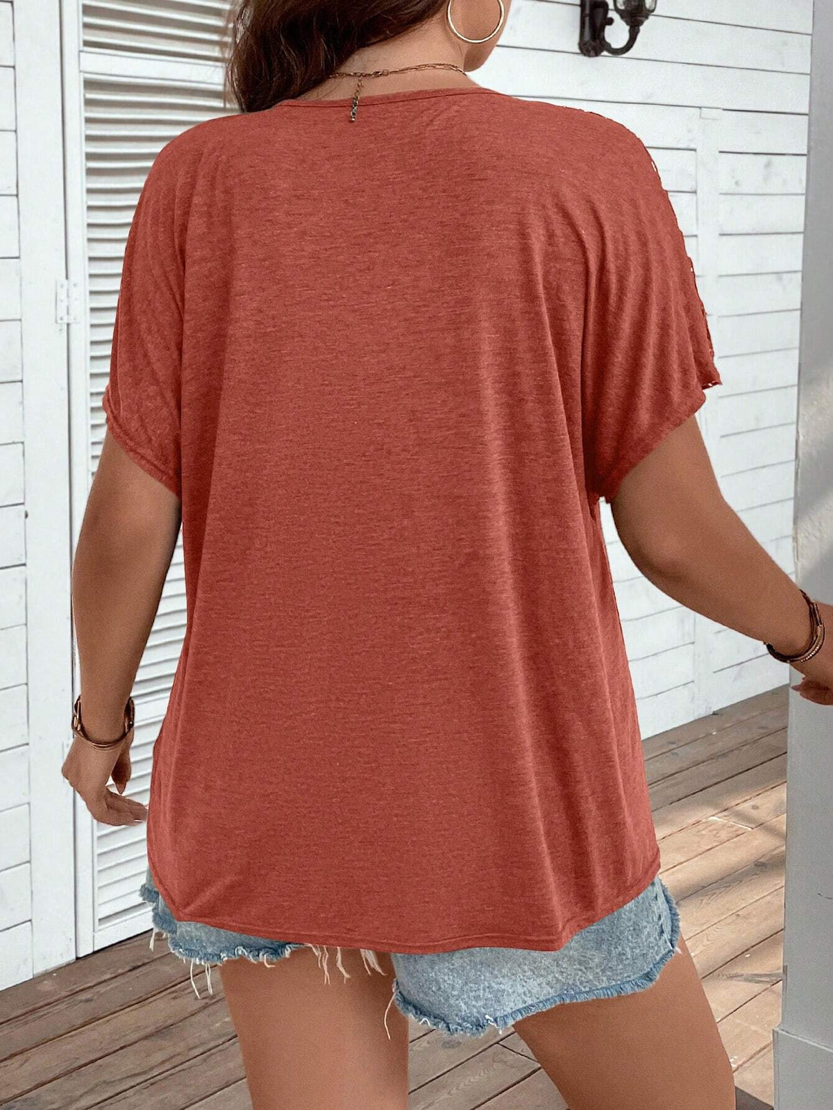 Women's Plus Size Lace Patchwork V-Neck T-Shirt Burnt Orange
