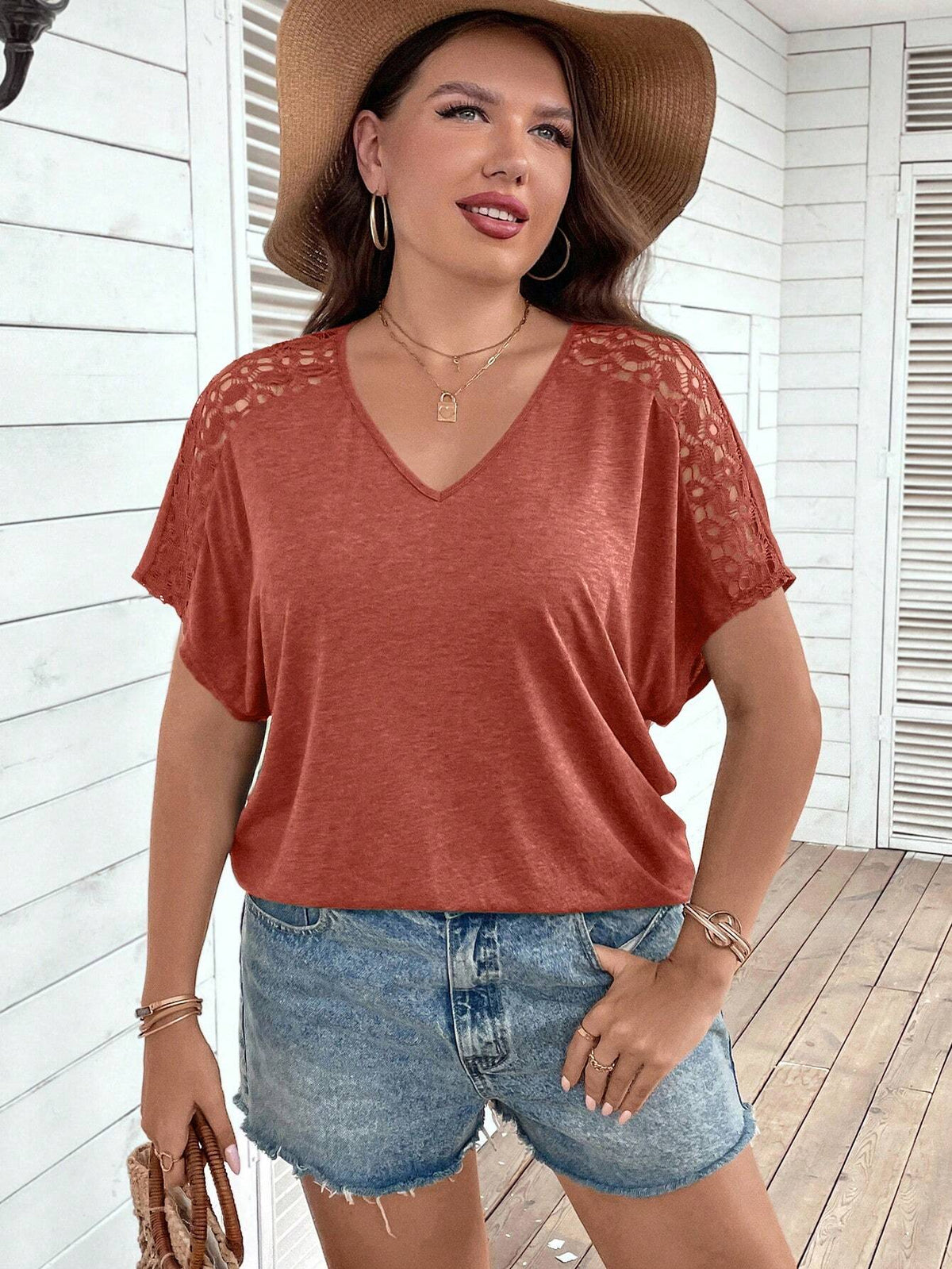 Women's Plus Size Lace Patchwork V-Neck T-Shirt Burnt Orange