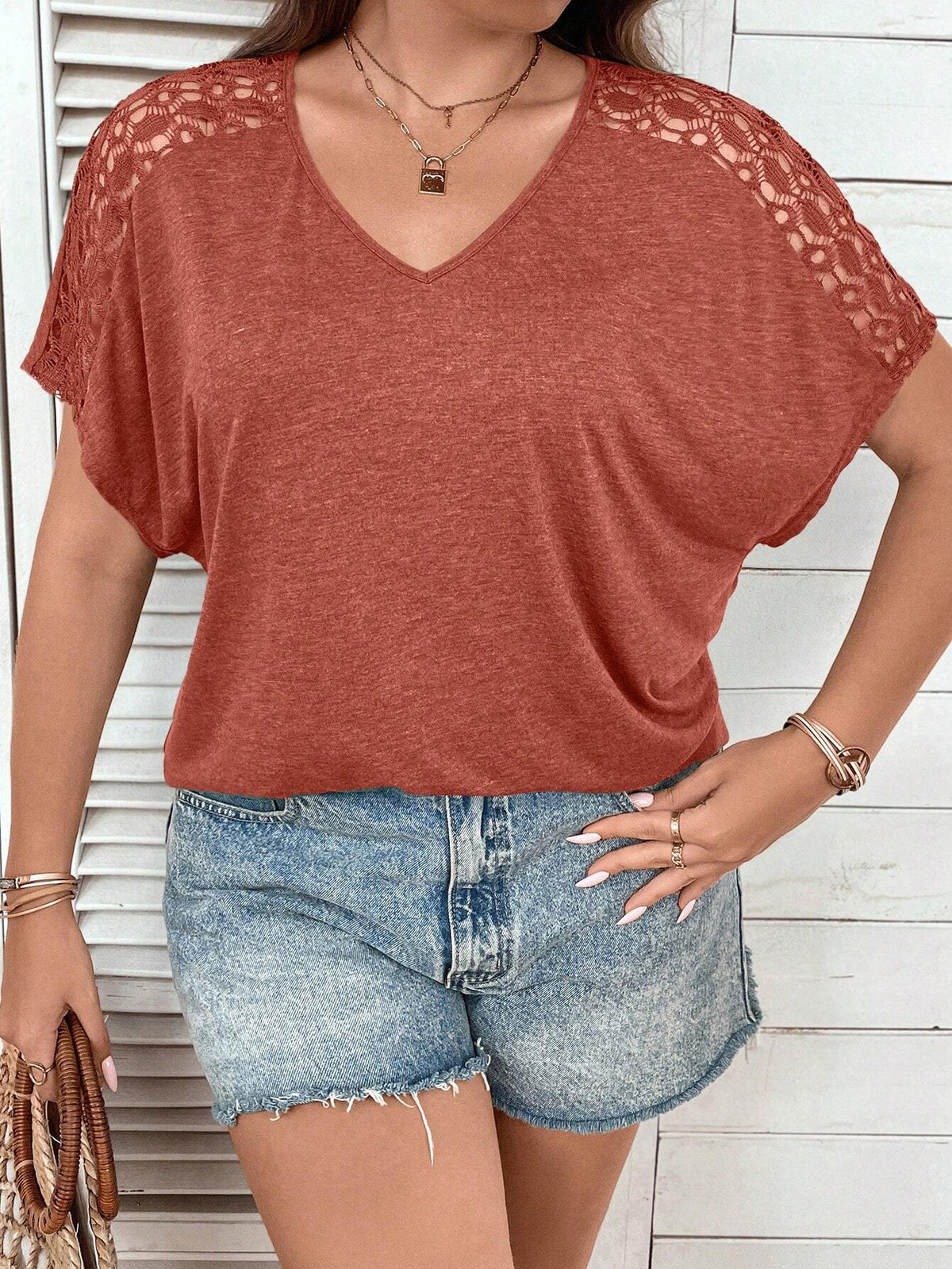 Women's Plus Size Lace Patchwork V-Neck T-Shirt Burnt Orange